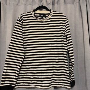 Stussy Black and Cream Striped Crewneck